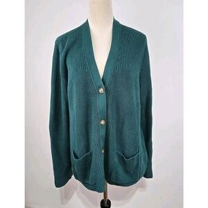 Lands End Drifter Knit Cardigan Women XL Sweater Green Pockets Grannycore Chunky